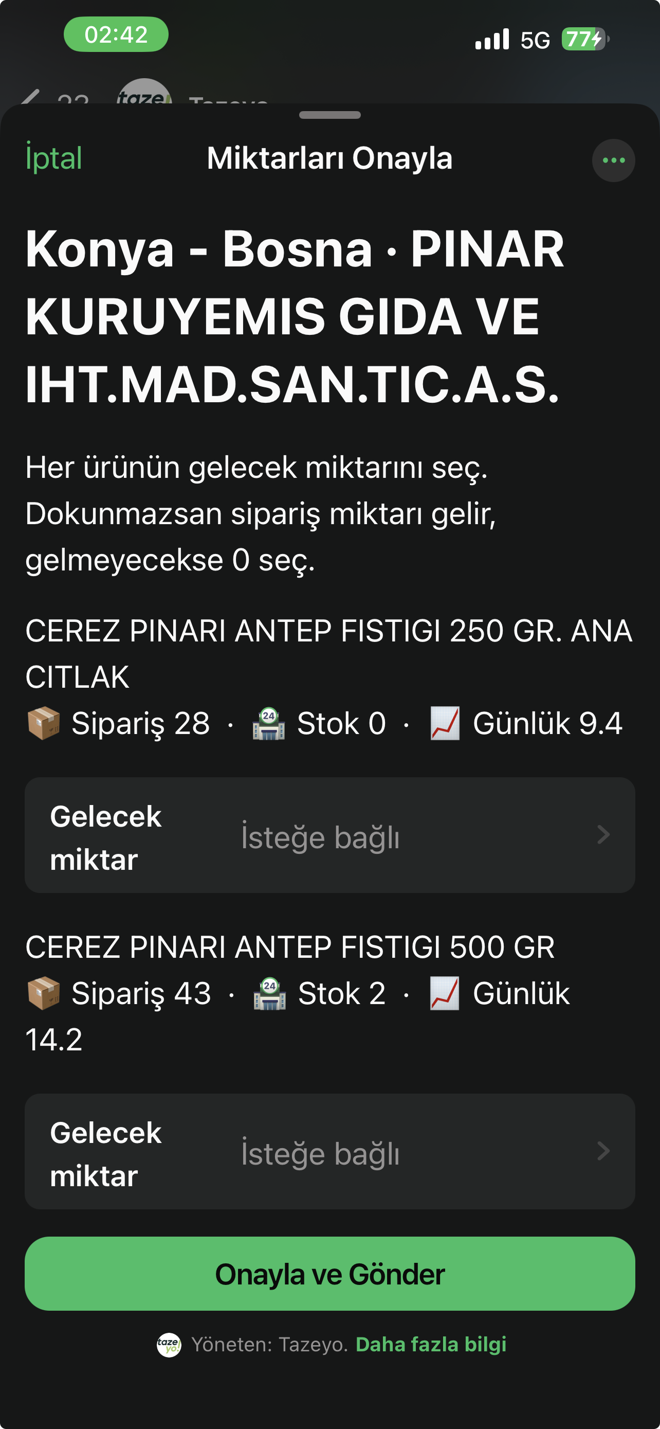 WhatsApp tedarik müdür sipariş formu — PINAR